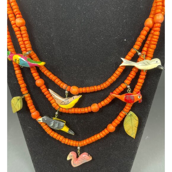Retro Boho Chic Necklace Orange Wood Beaded Carved Tropical Parrot Bird Vintage - Picture 8 of 12
